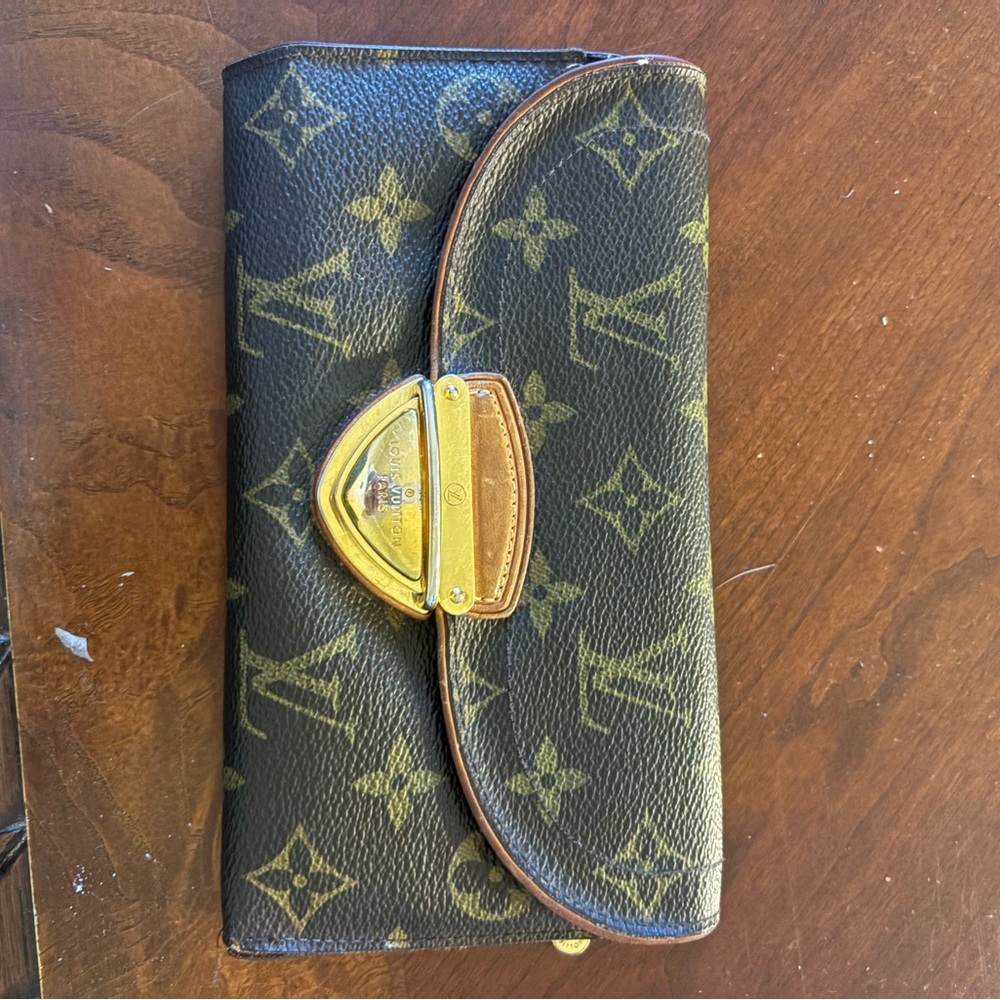 Louis Vuitton Monogram Clutch with Gold and Tan Accents